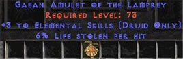 Druid Amulet - 3 Elemental & 6% LL - East Ladder