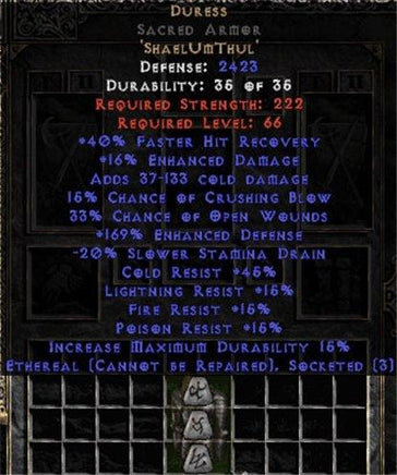 Duress Sacred Armor - Ethereal - 165-199% ED - East HC Ladder