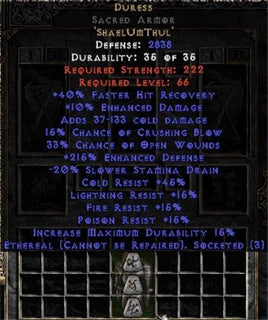 Duress Sacred Armor - Ethereal - 215% EDef & 10-19% EDam - East Non-Ladder