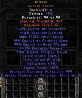 Duress Sacred Armor - Ethereal - 215% EDef & 20% EDmg - Perfect - East Non-Ladder