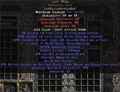Last Wish Berserker Axe - 375-389% ED & 60-64% CB - East Non-Ladder