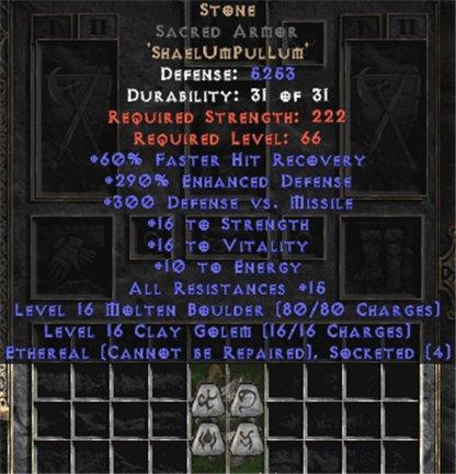Stone Sacred Armor - Eth Bugged - 290% ED - Perfect - Europe Non-Ladder