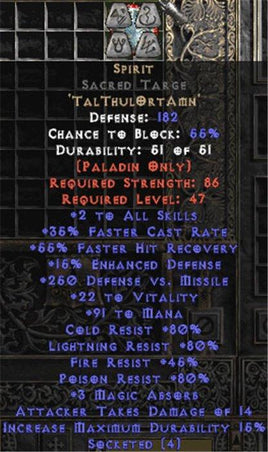 Spirit Sacred Targe - 45 Res - 35% FCR/89-111 Mana/3-8 MA - West Non-Ladder