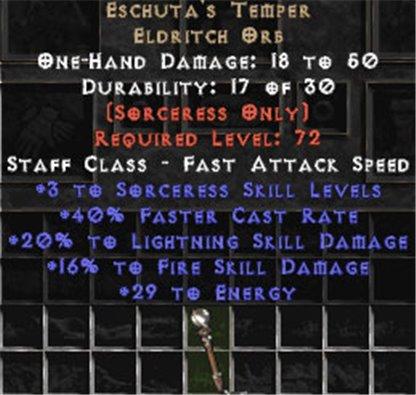 Eschuta's Temper +3 Sorc Skills & +20% Lightning Damage - Europe HC Ladder