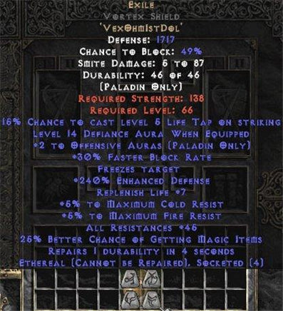 Exile Vortex Shield - Eth Bugged - 45 Res - 240-259% ED - East HC Ladder