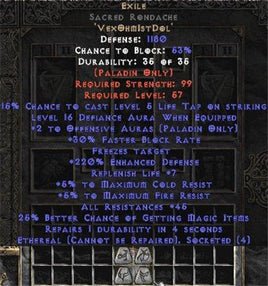 Exile Sacred Rondache - Eth Bugged - 45 Res - 220-239% ED - East HC Ladder