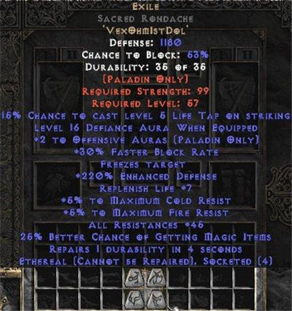 Exile Sacred Rondache - Eth Bugged - 45 Res - 220-239% ED - East HC Ladder