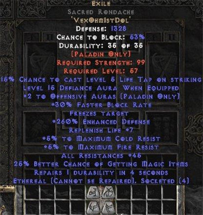 Exile Sacred Rondache - Eth Bugged - 45 Res - 240-259% ED - East Ladder