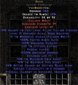 Exile Sacred Rondache - Eth Bugged - 65% ED/121 AR - 220-239% ED - East Non-Ladder