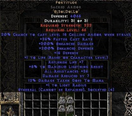 Fortitude Sacred Armor - Eth Bugged - 25-29 Res & 1-1.375 Life - East HC Ladder