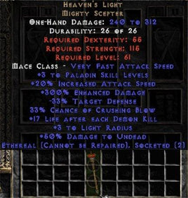 Heaven's Light - Ethereal - 2 Sockets/3Skills/300% EDmg/1-19 LADK - West Non-Ladder