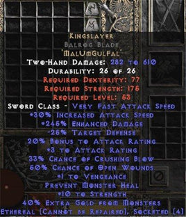 Kingslayer Balrog Blade - Ethereal - 230-264% ED - West Non-Ladder