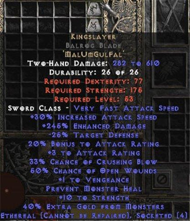 Kingslayer Balrog Blade - Ethereal - 230-264% ED - East HC Ladder