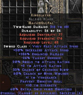 Kingslayer Balrog Blade - Ethereal - 285% ED - Perfect - Europe Non-Ladder