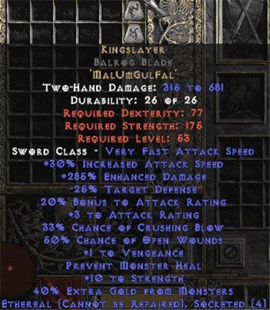 Kingslayer Balrog Blade - Ethereal - 285% ED - Perfect - West Non-Ladder