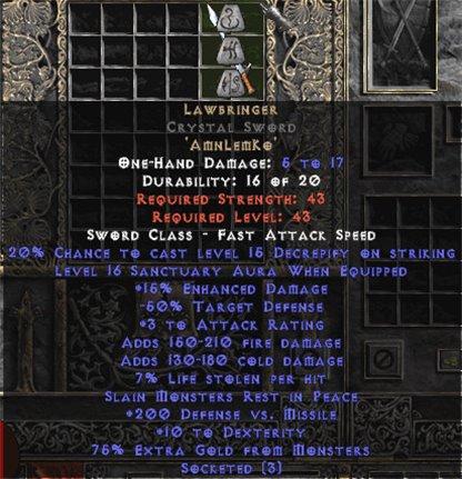 Lawbringer Crystal Sword - 16-17 Sanctuary & 200-249 DvM - West Ladder