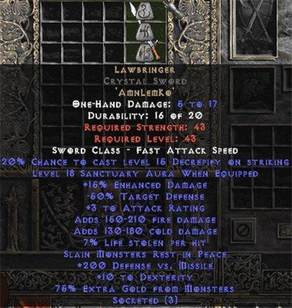 Lawbringer Crystal Sword - 18 Sanctuary & 200-249 DvM - West Non-Ladder