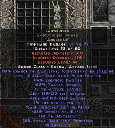 Lawbringer Executioner Sword - 16-17 Sanctuary & 250 DvM - West Non-Ladder