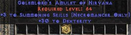 Necromancer Amulet - 3 Summoning Spells & 30 Dex - West Non-Ladder