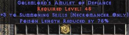 Necromancer Amulet - 3 Summoning Spells & 75% PLR - East HC Ladder