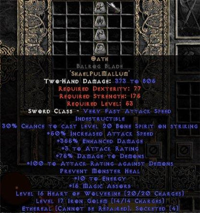 Oath Balrog Blade - Ethereal - 355% ED & 15 MA - Perfect - West Non-Ladder
