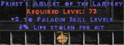 Paladin Amulet - 2 All Pal Skills & 6% LL - West Ladder