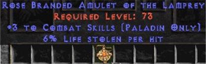 Paladin Amulet - 3 Combat Skills & 6% LL - Europe HC Ladder