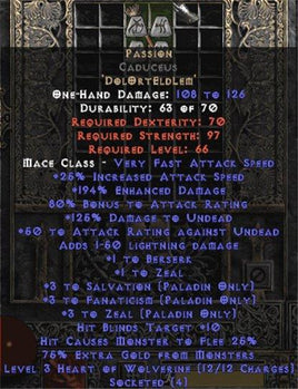 Passion Caduceus - 3 Zeal/3 Fanat/3 Salvation - 160-209% ED & 80% AR - West Non-Ladder