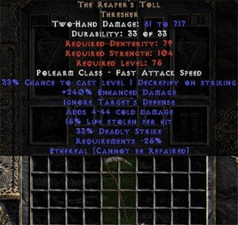 The Reaper's Toll - Ethereal - 240% ED & 15% LL - Perfect - West Non-Ladder