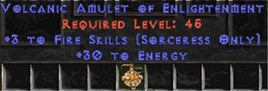 Sorceress Amulet - 3 Fire Spells & 30 Energy - West Non-Ladder