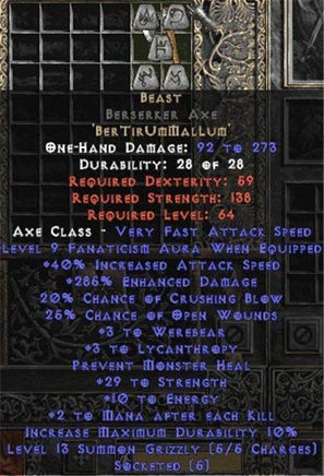 Beast Berserker Axe - 285% ED & 25-39 Str - Europe Non-Ladder